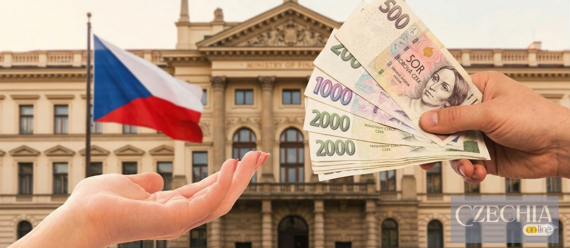 Рука, що тримає віяло чеських кронових банкнот, та рука, що тягнеться до них, на тлі будівлі Міністерства фінансів Чехії з прапором