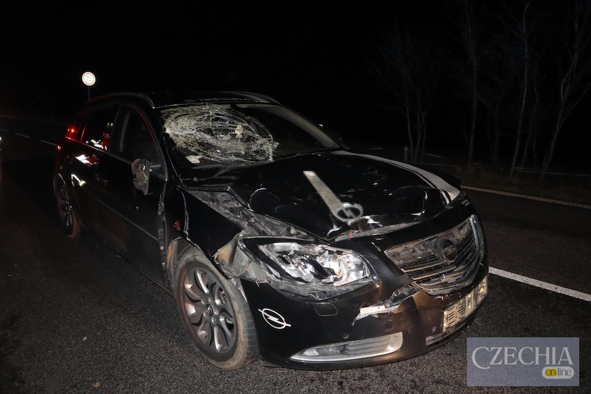 Наслідки зіткнення з твариною Чорний автомобіль Opel із розбитим лобовим склом та зім'ятим капотом після зіткнення з коровою на нічній трасі в Чехії. Матеріал про ДТП.