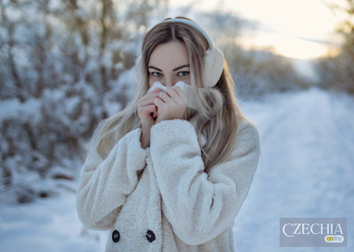 Жінка в теплому одязі на фоні засніженої природи — ілюстрація різкого похолодання в Чехії.