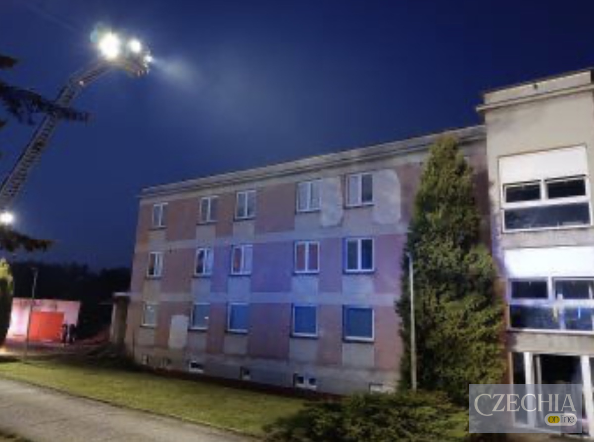 Пожежна автодрабина освітлює житловий будинок у місті Луби під час нічної пожежі.