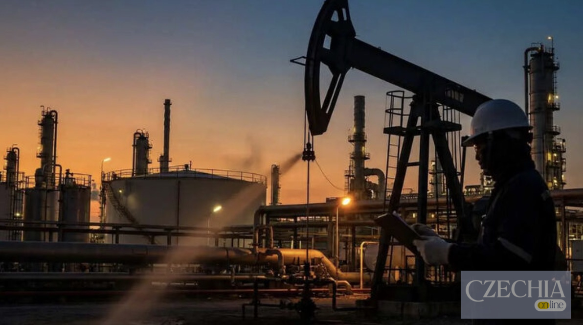 Співробітник нафтопереробного заводу в касці на фоні промислових веж та резервуарів. Матеріал про падіння цін на нафтові ф'ючерси