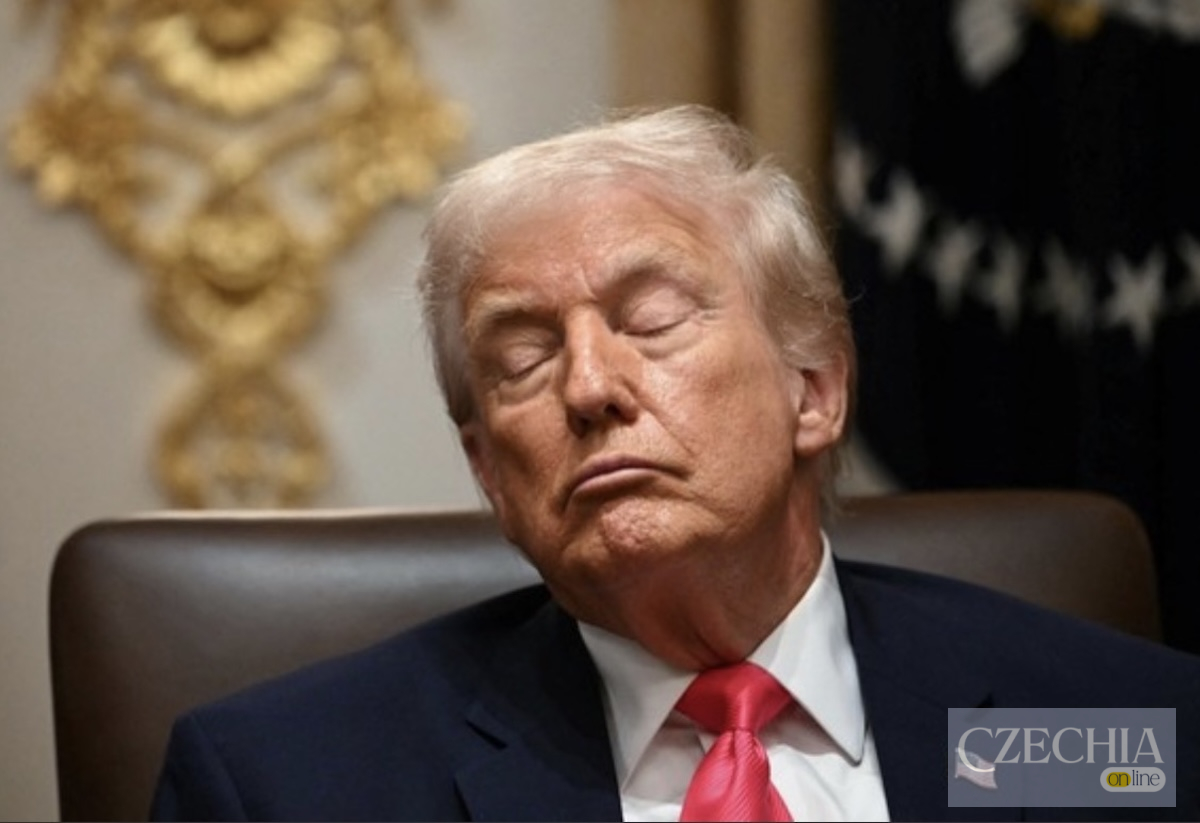 Президент США Дональд Трамп із заплющеними очима під час офіційної зустрічі у Вашингтоні. Матеріал про політичну кризу та заклики до застосування 25-ї поправки.