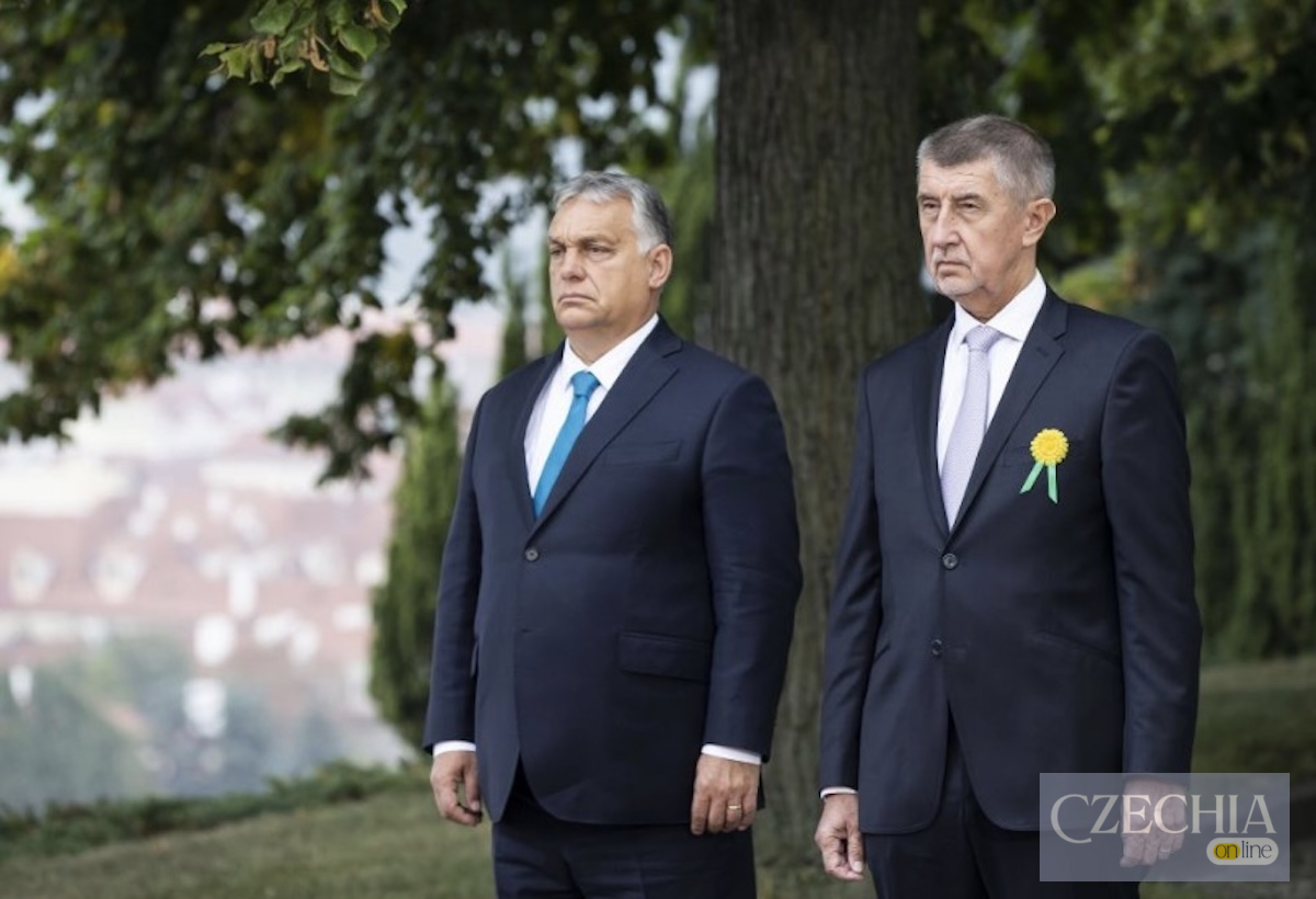 Прем'єр-міністр Чехії Андрей Бабіш та прем'єр Угорщини Віктор Орбан стоять поруч у ділових костюмах. Матеріал про підтримку Орбана перед виборами.