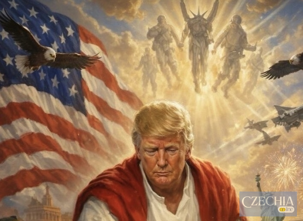 Згенероване штучним інтелектом епічне зображення Дональда Трампа в мантії на тлі американського прапора. Матеріал про конфлікт із Ватиканом.