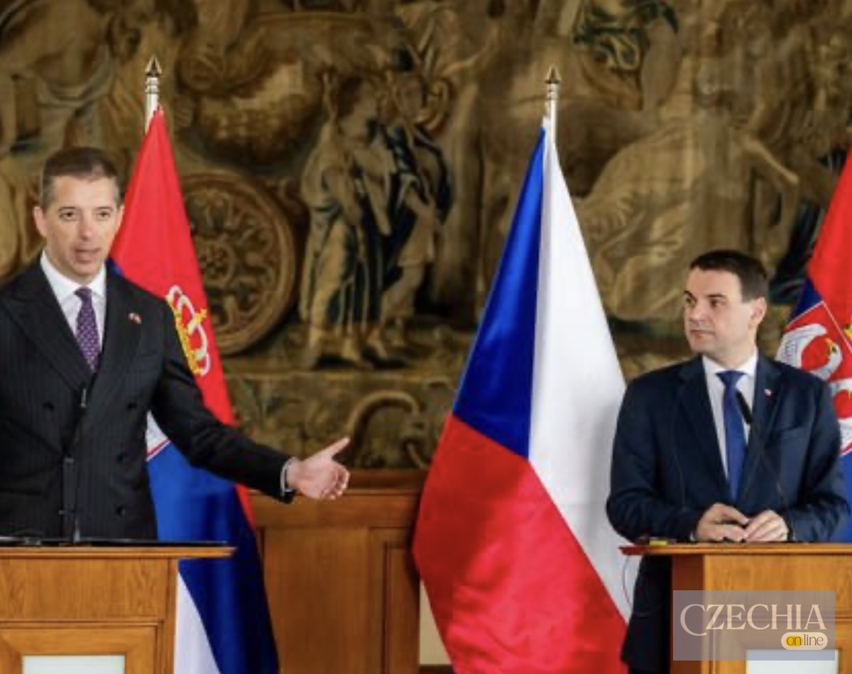 Глави дипломатичних відомств Сербії та Чехії під час офіційної зустрічі в Празі на тлі прапорів.