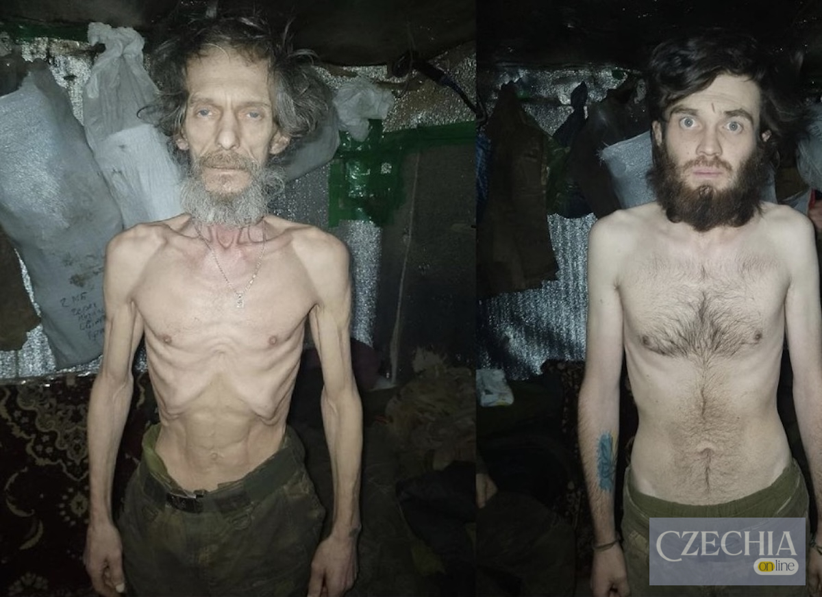 Колаж із фотографій чотирьох дуже виснажених чоловіків у військових штанах у бліндажі.