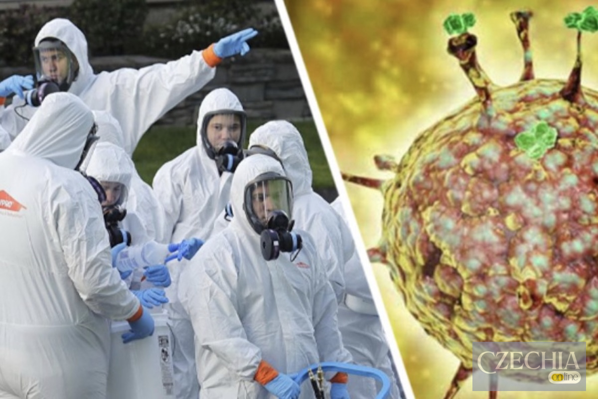 Медики у захисних костюмах (hazmat suits) поруч із зображенням вірусу. Матеріал про оголошення ВООЗ надзвичайної ситуації через еболу.