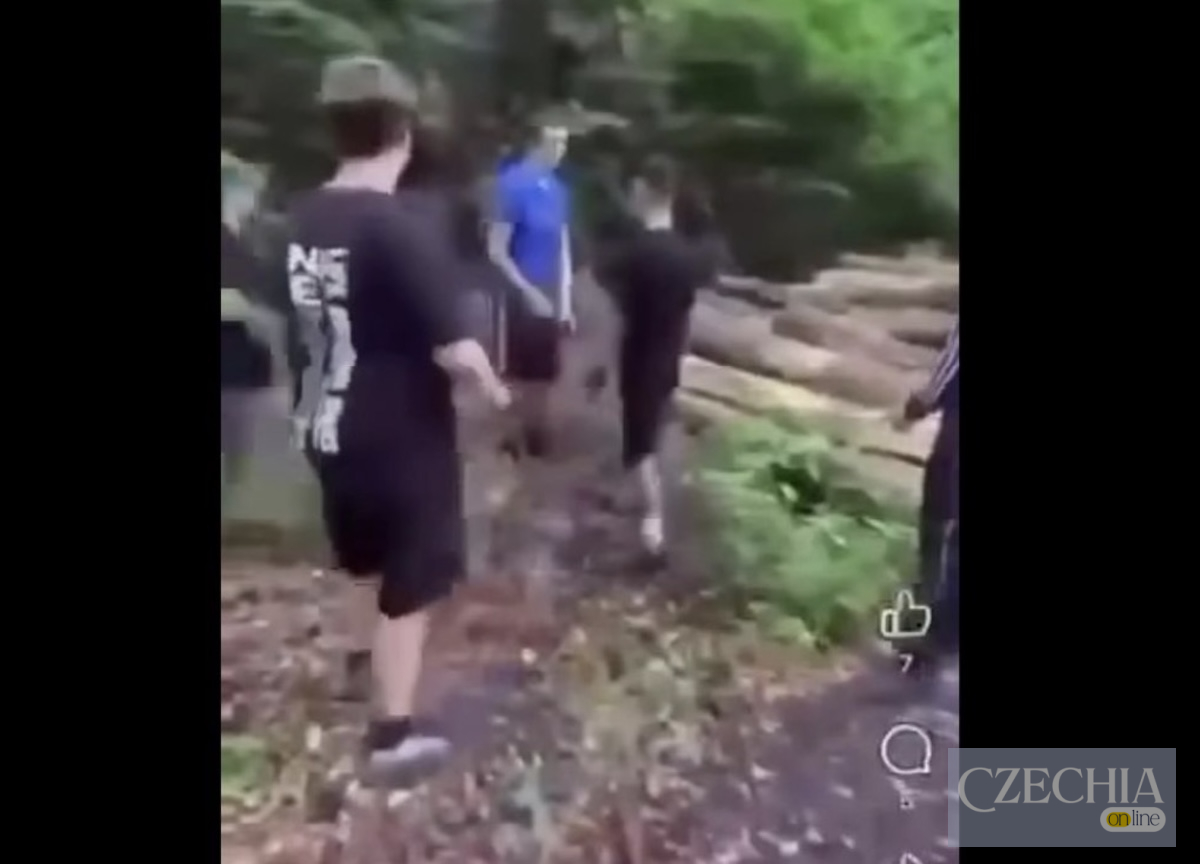 Скріншот відео, де група підлітків оточила людину в лісі поблизу Брно під час конфлікту. Матеріал про побиття та самосуд.
