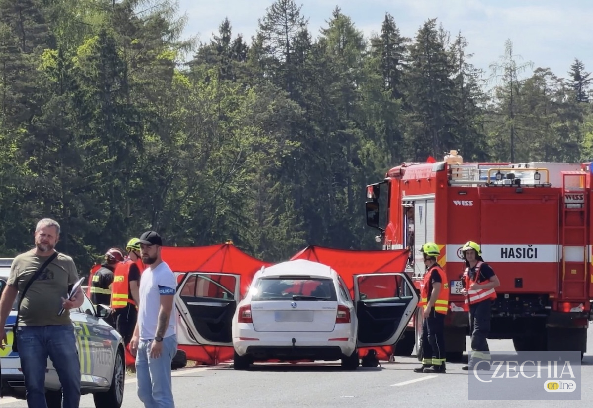 Білий легковик з відкритими дверима загороджений червоними поліцейськими ширмами. Поруч стоїть пожежна машина та працюють рятувальники. Матеріал про ДТП на трасі.