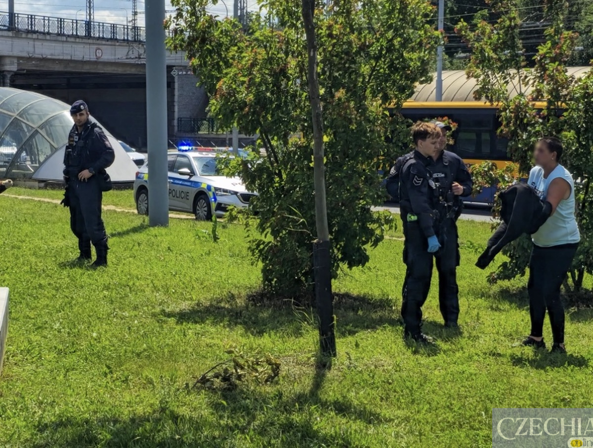 Поліція опитує жінку на місці конфлікту Співробітники поліції спілкуються зі свідком на місці збройного інциденту біля залізничного вокзалу в Пльзені.