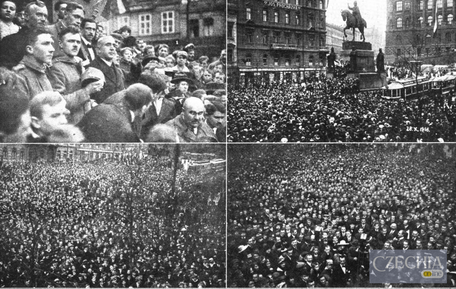 Screenshot Архівна композиція з двох фотографій, опублікована в історичному виданні «Чехословацький огляд» 1919 року. Угорі — Ісидор Заградник виступає перед людьми біля пам'ятника святому Вацлаву, внизу — натовп на празьких вулицях. Автор невідомий